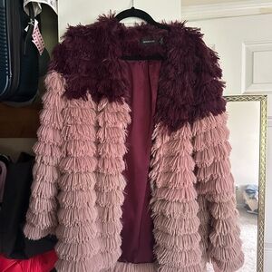 MINKPINK Two-Tone Faux-Fur Fringe Jacket in Blush & Burgundy